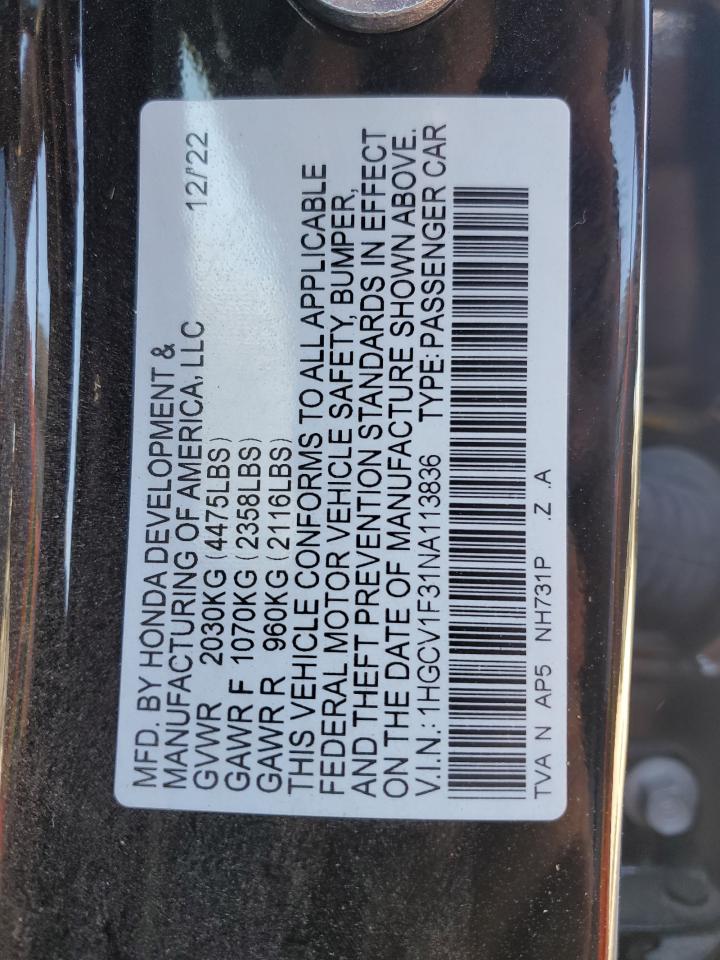 2022 HONDA ACCORD SPORT VIN:1HGCV1F31NA113836