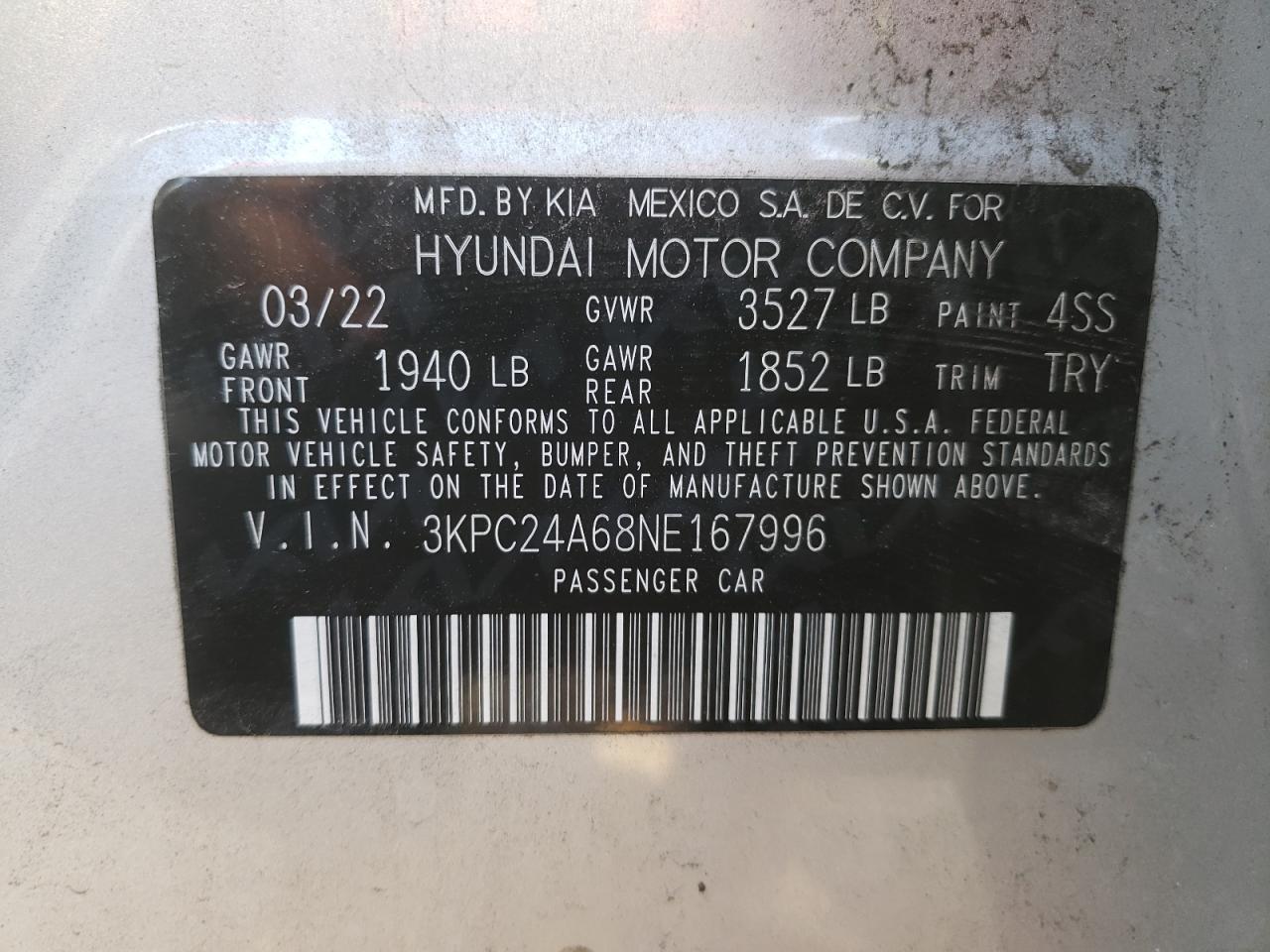 2022 HYUNDAI ACCENT SE VIN:3KPC24A68NE167996