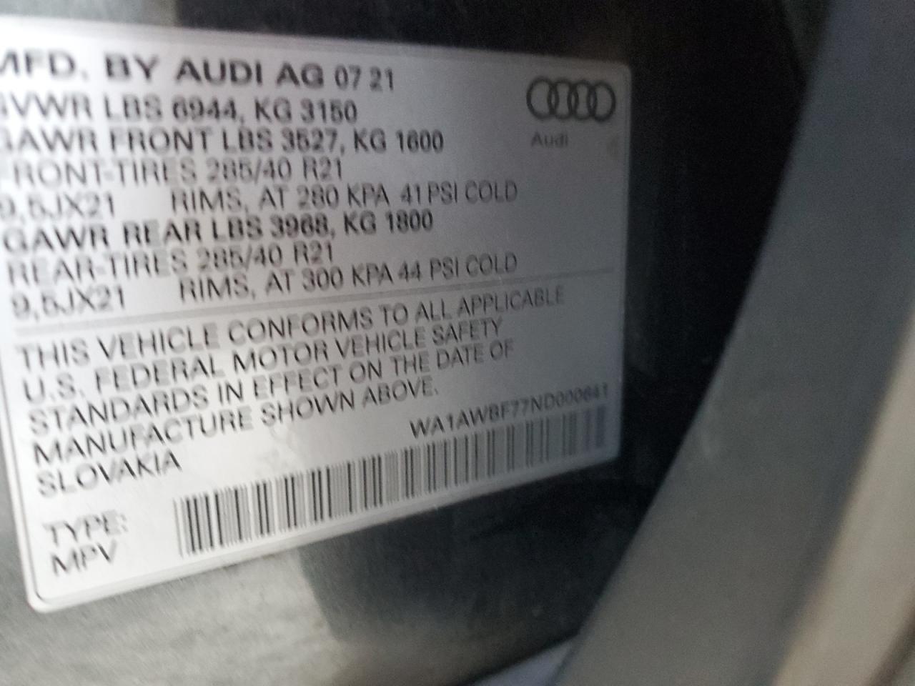 2022 AUDI SQ7 PREMIUM PLUS VIN:WA1AWBF77ND000641