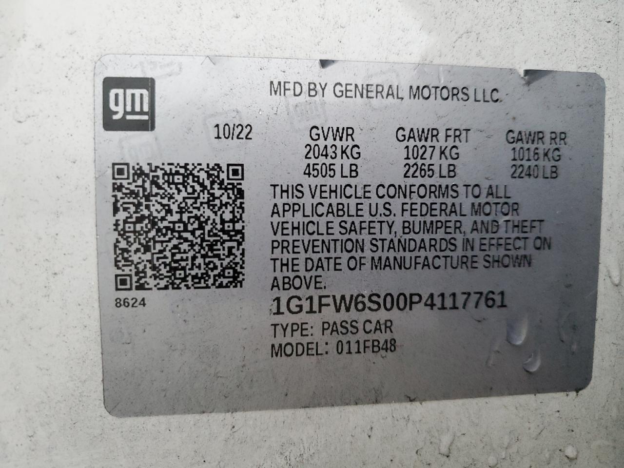 2023 CHEVROLET BOLT EV 1LT VIN:1G1FW6S00P4117761