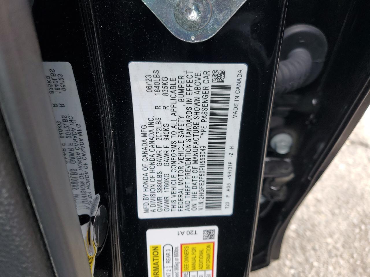 2023 HONDA CIVIC SPORT VIN:2HGFE2F50PH556049