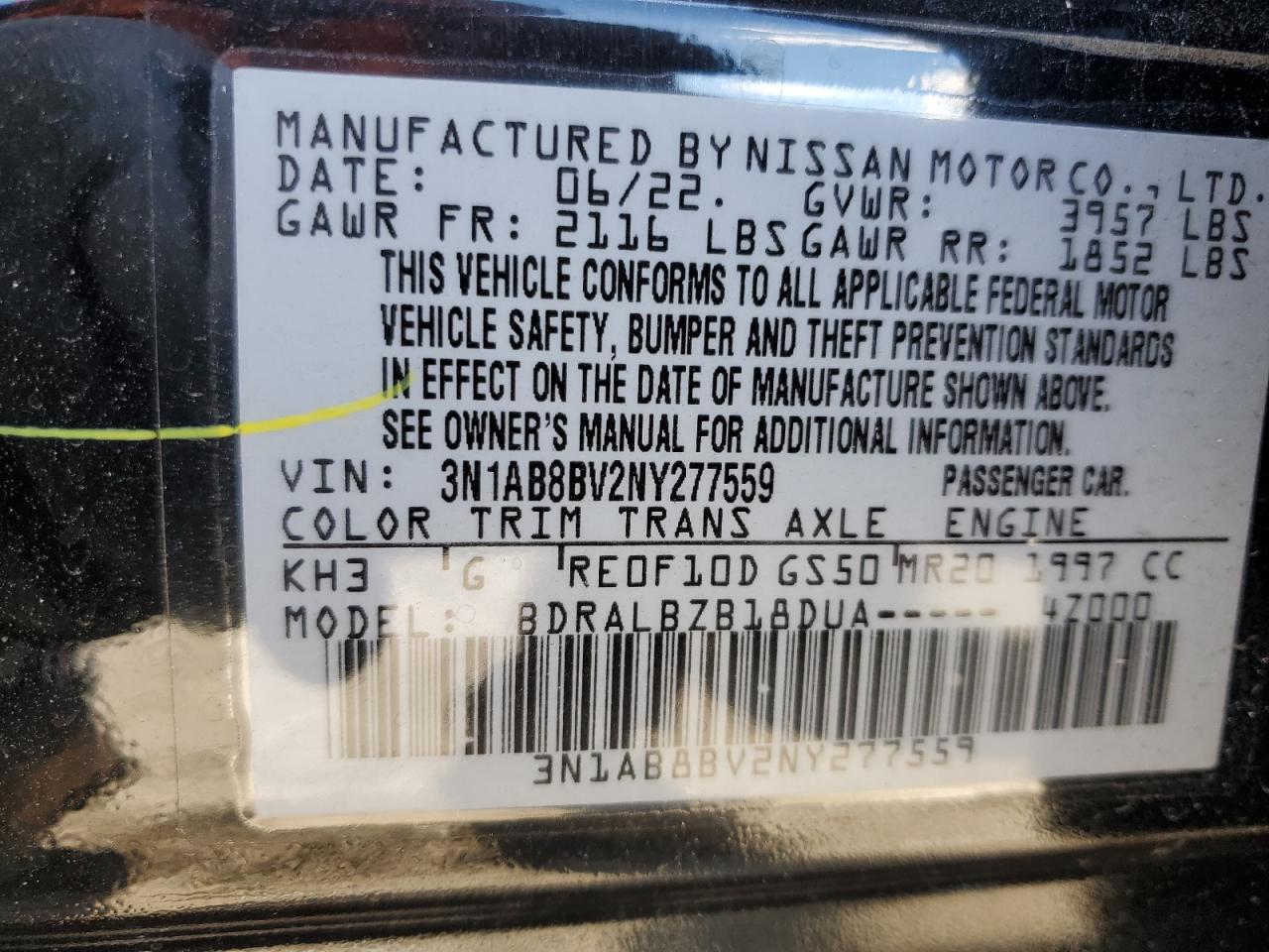 2022 NISSAN SENTRA S VIN:79422473