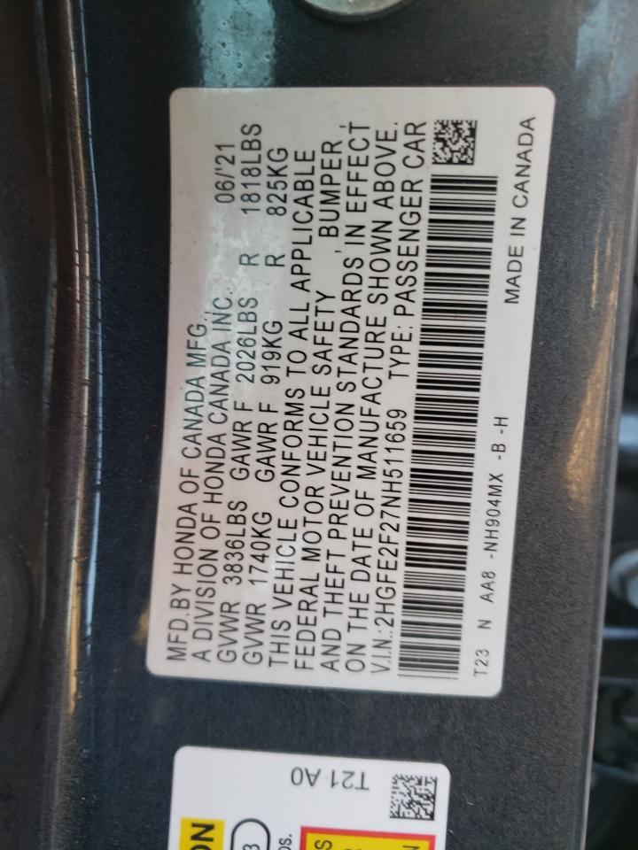 2022 HONDA CIVIC LX VIN:2HGFE2F27NH511659