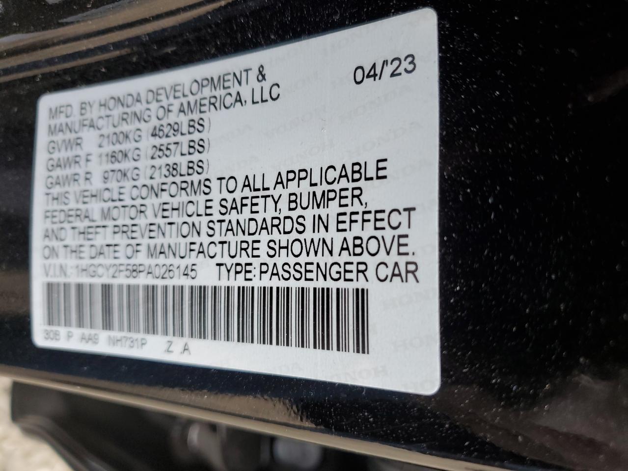 2023 HONDA ACCORD HYBRID SPORT VIN:1HGCY2F58PA026145
