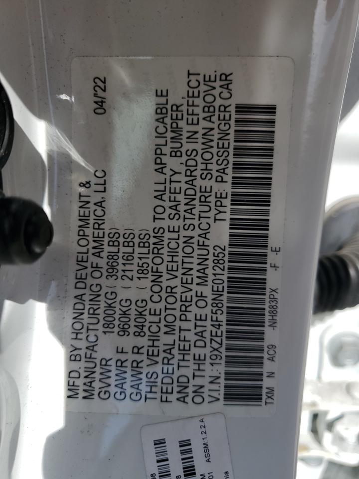 2022 HONDA INSIGHT EX VIN:19XZE4F58NE012852