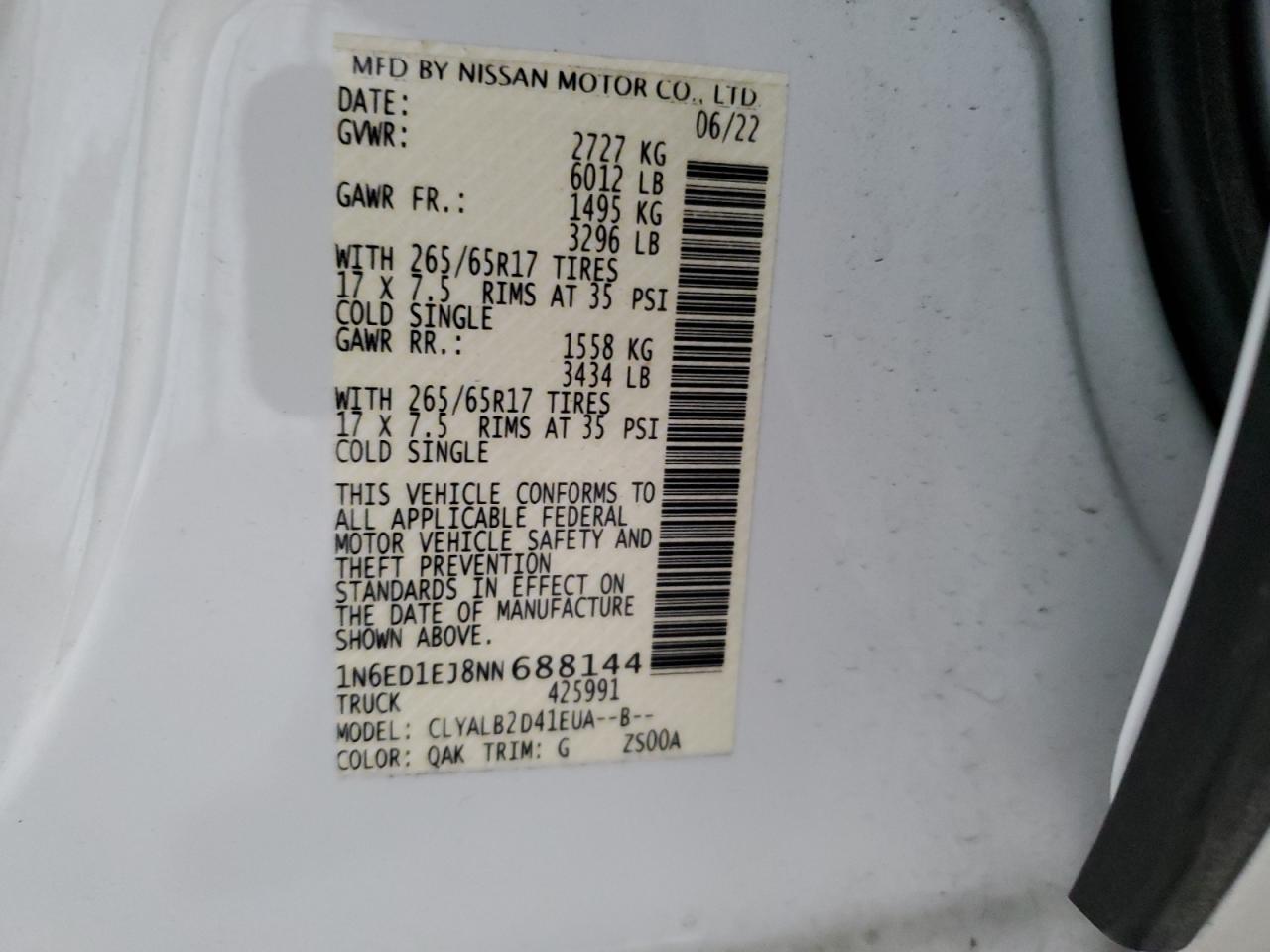 2022 NISSAN FRONTIER S VIN:1N6ED1EJ8NN688144