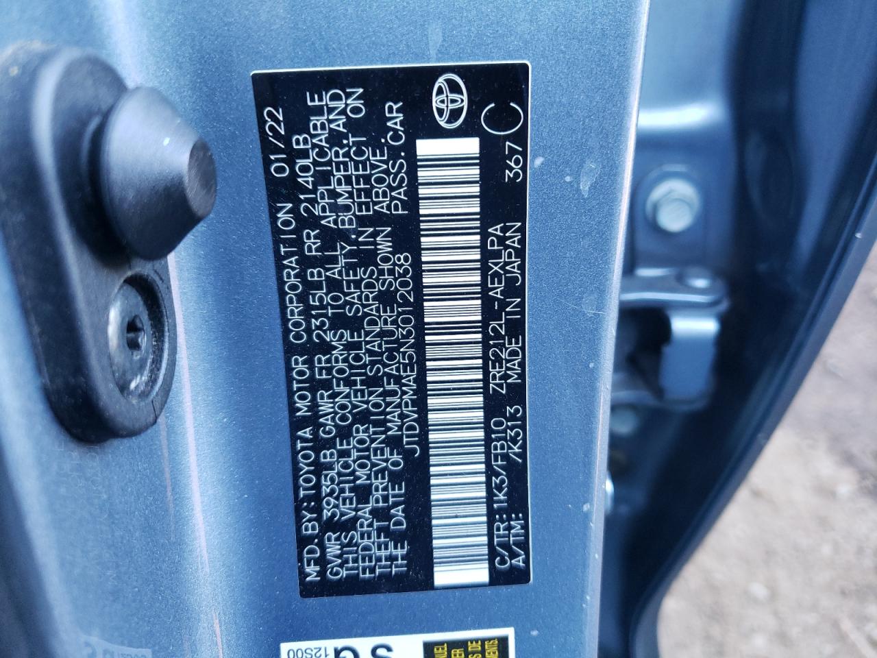 2022 TOYOTA COROLLA LE VIN:JTDVPMAE5N3012038