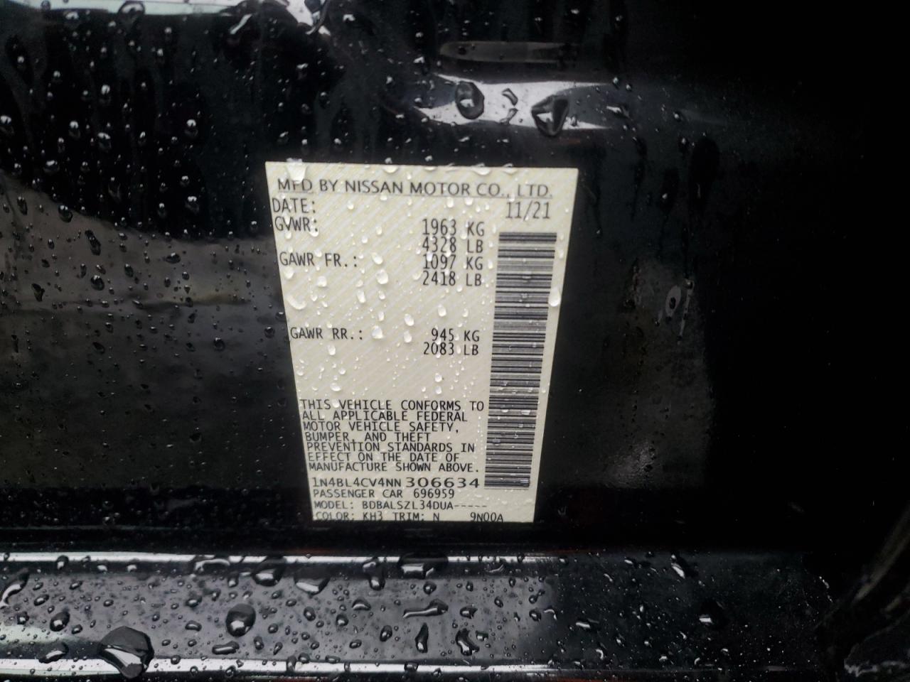 2022 NISSAN ALTIMA SR VIN:1N4BL4CV4NN306634