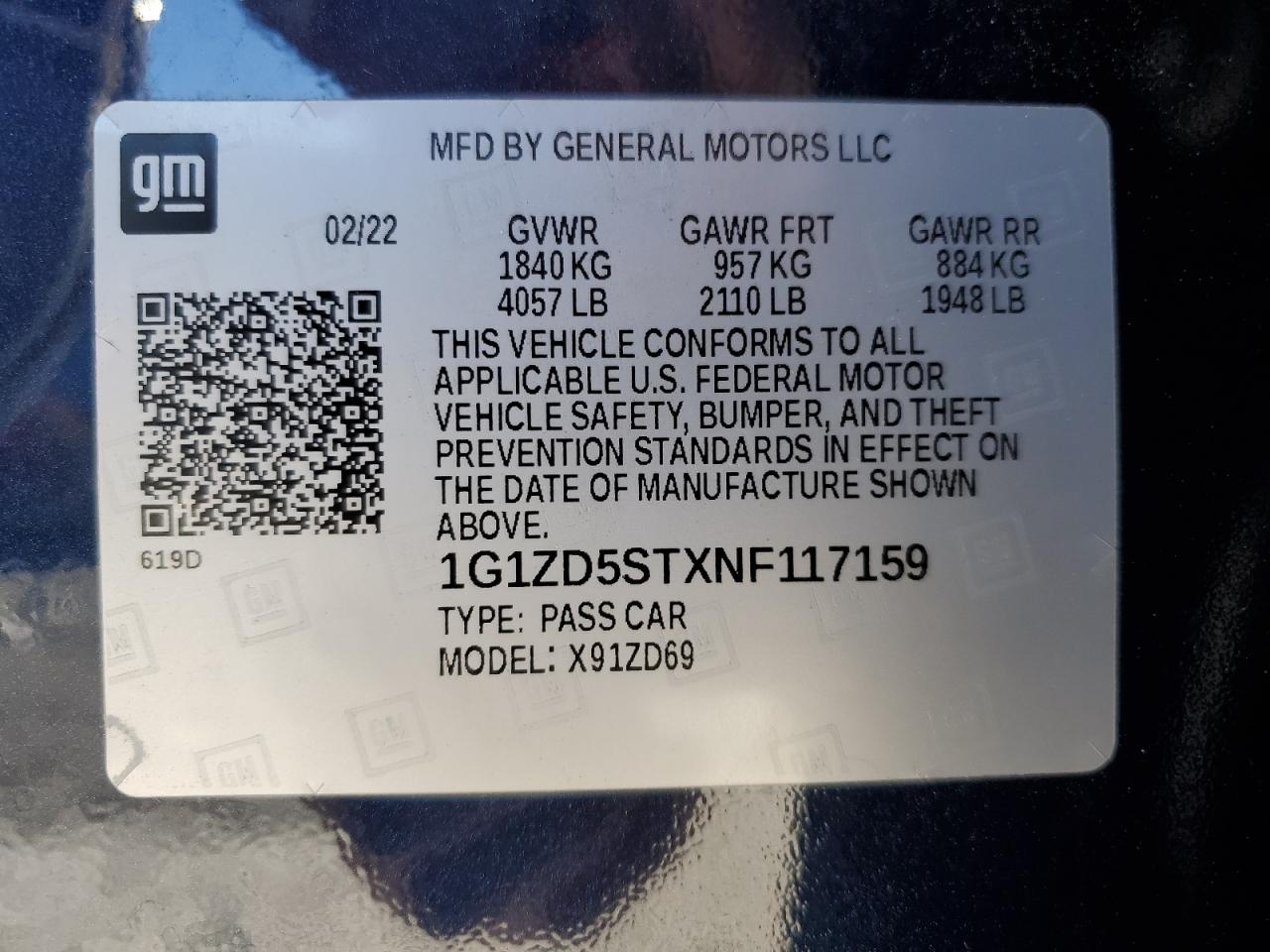 2022 CHEVROLET MALIBU LT VIN:1G1ZD5STXNF117159