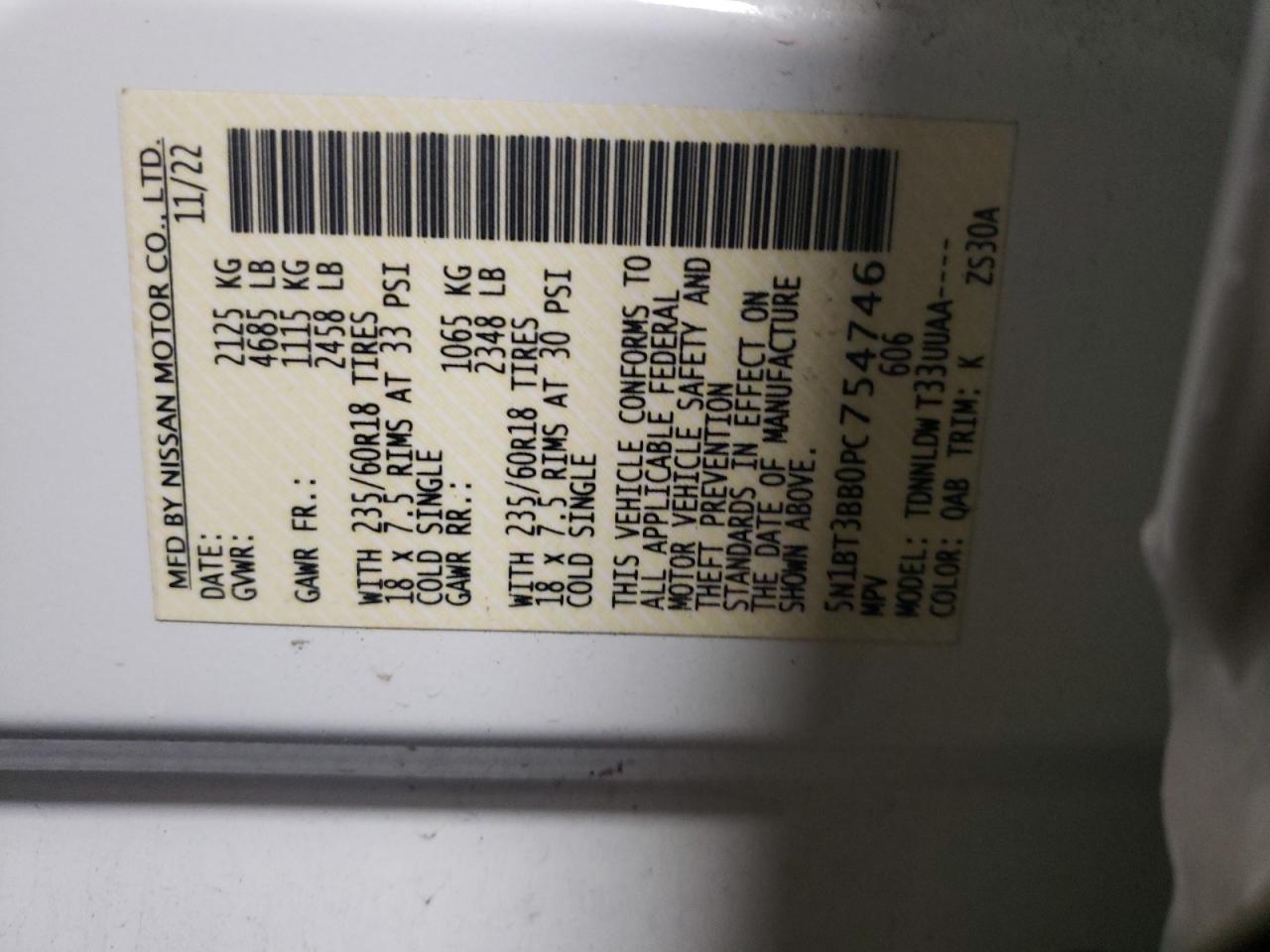 2023 NISSAN ROGUE SV VIN:5N1BT3BB0PC754746