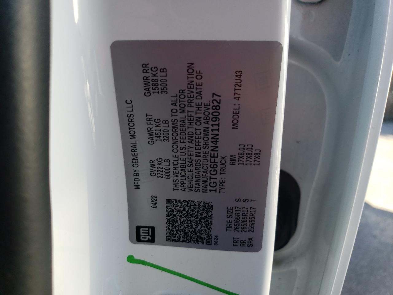2022 GMC CANYON AT4 VIN:1GTG6FEN4N1190827