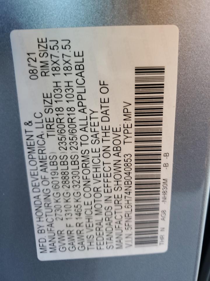 2022 HONDA ODYSSEY EXL VIN:5FNRL6H74NB040853