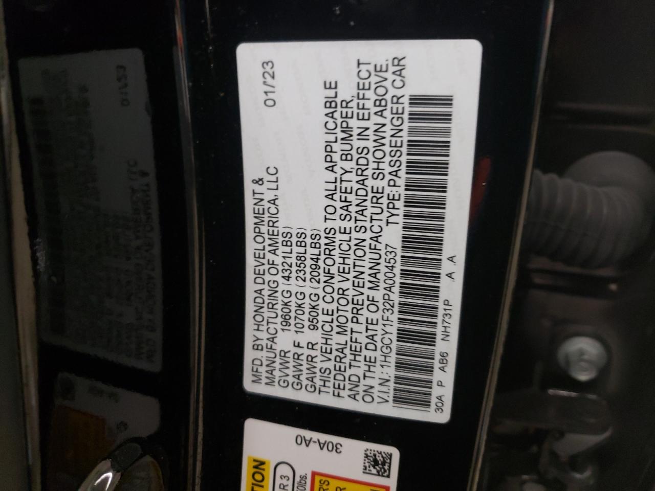 2023 HONDA ACCORD EX VIN:1HGCY1F32PA004537