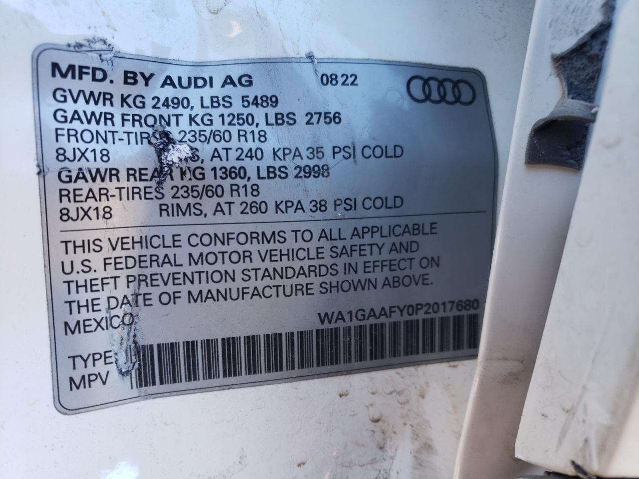 2023 AUDI Q5 PREMIUM 45 VIN:WA1GAAFY0P2017680