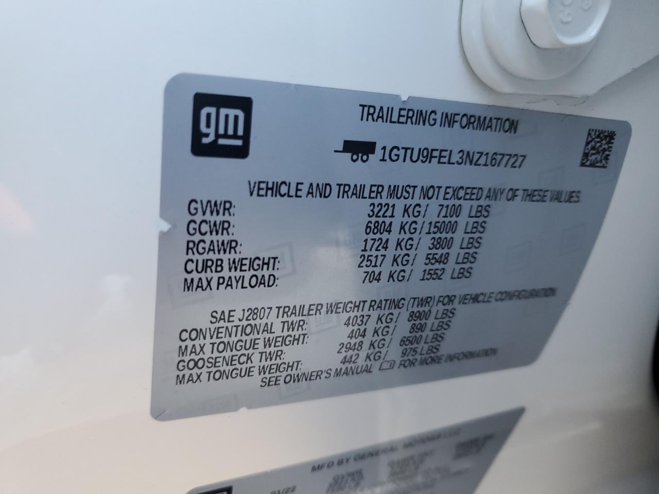 2022 GMC SIERRA LIMITED K1500 DENALI VIN:1GTU9FEL3NZ167727