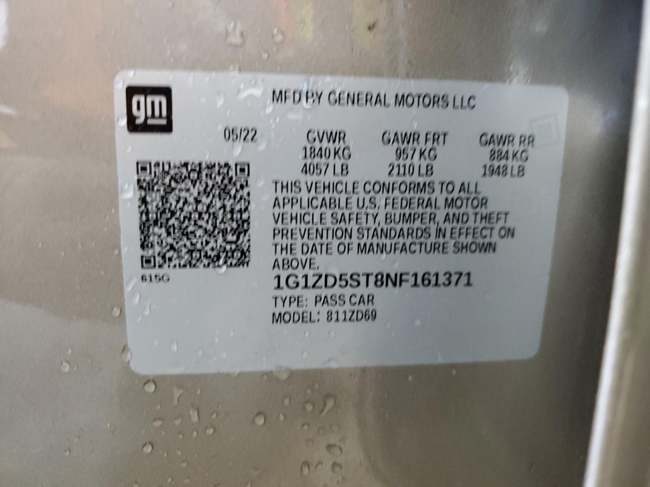 2022 CHEVROLET MALIBU LT VIN:1G1ZD5ST8NF161371