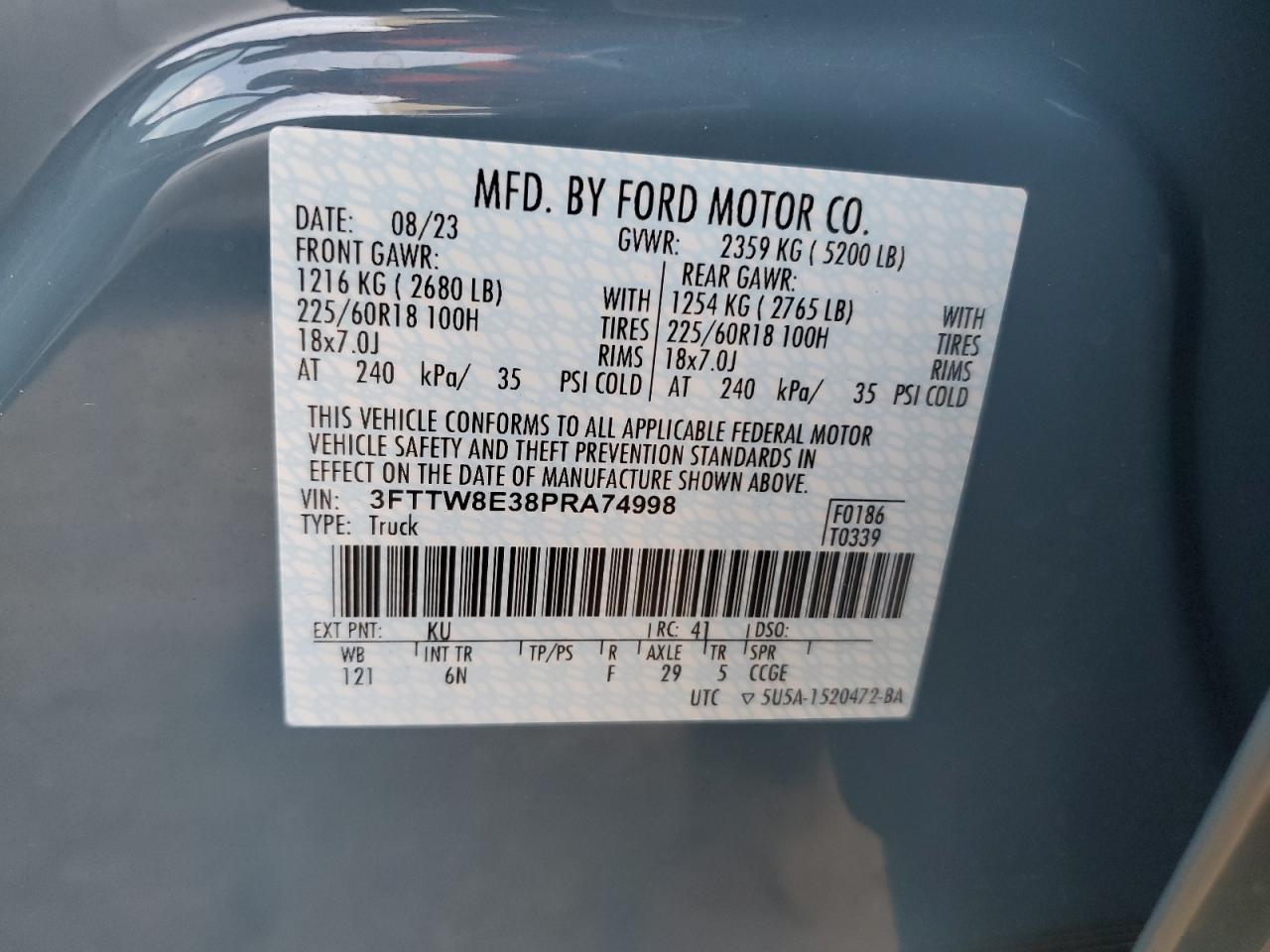 2023 FORD MAVERICK XL VIN:3FTTW8E38PRA74998
