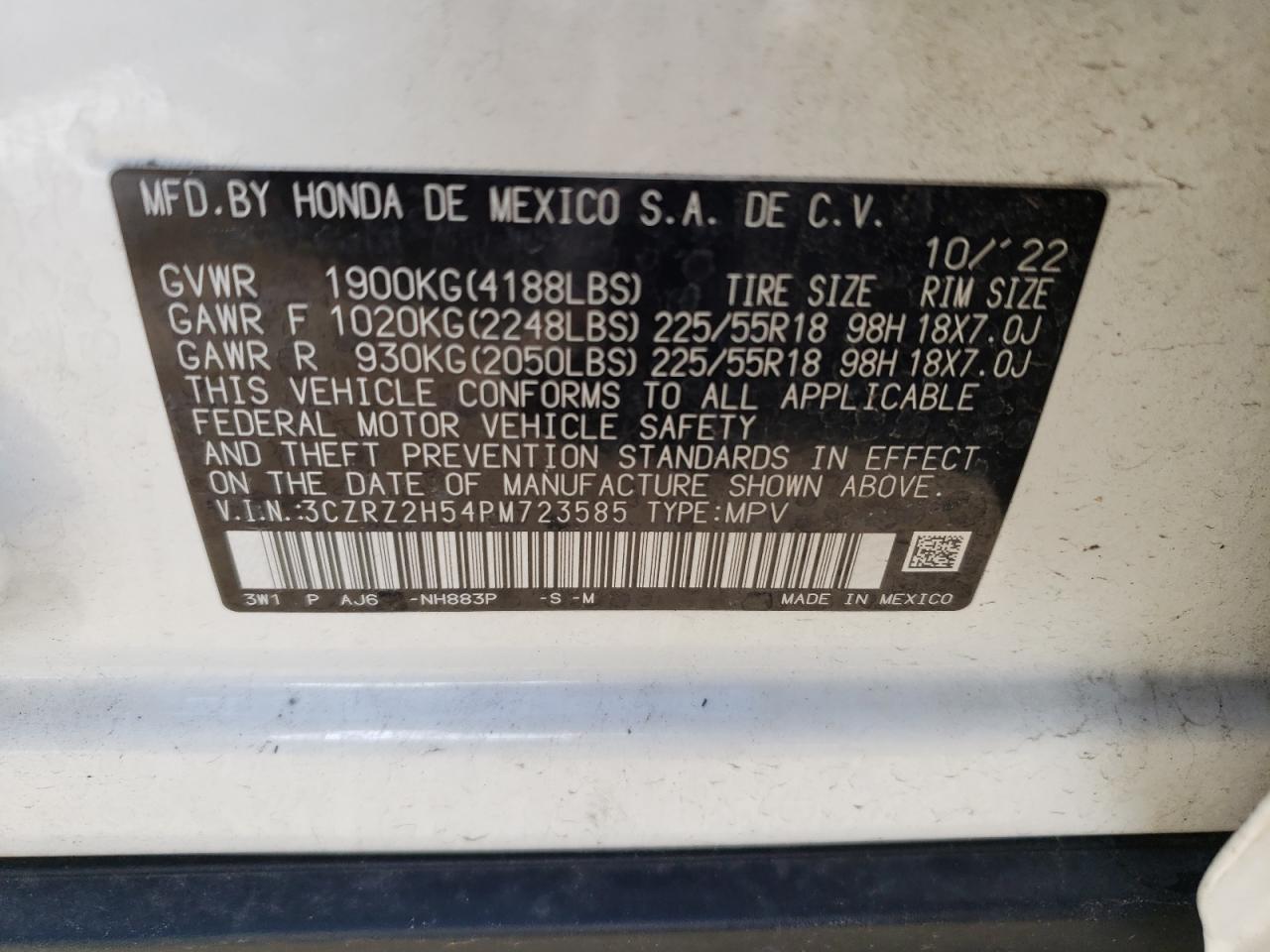 2023 HONDA HR-V SPORT VIN:3CZRZ2H54PM723585