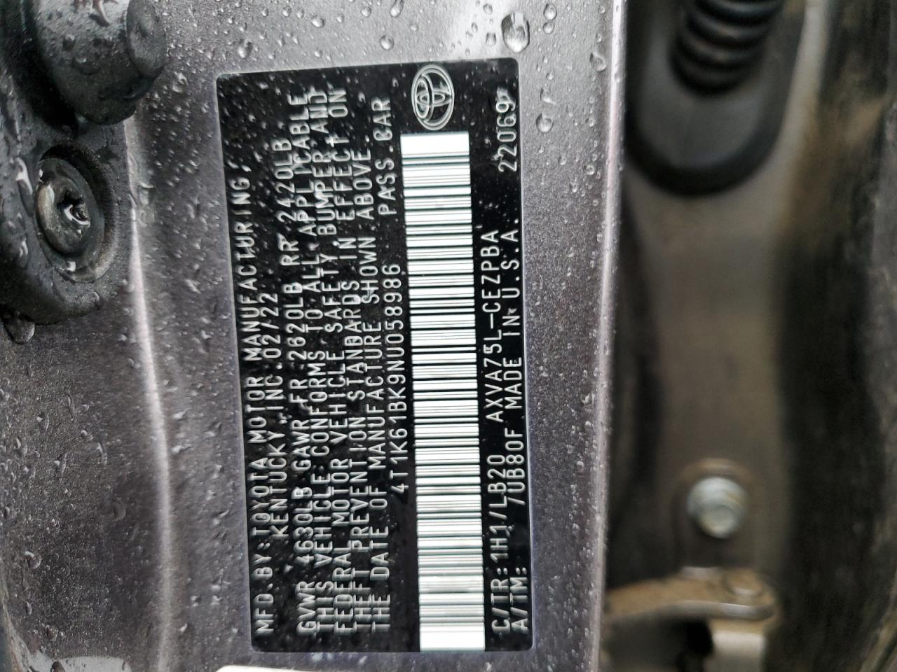 2022 TOYOTA CAMRY XSE VIN:4T1K61BK9NU058986