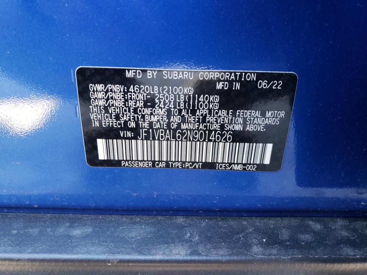 2022 SUBARU WRX LIMITED VIN:JF1VBAL62N9014626
