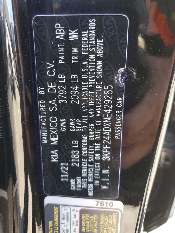 2022 KIA FORTE FE VIN:3KPF24ADXNE429285