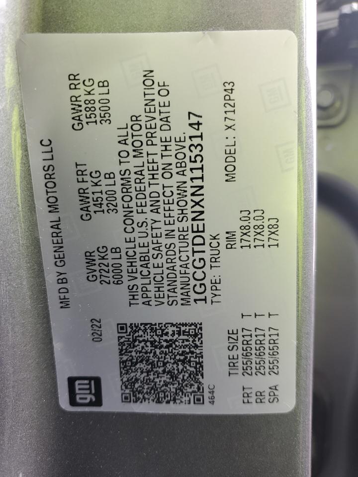 2022 CHEVROLET COLORADO Z71 VIN:1GCGTDENXN1153147