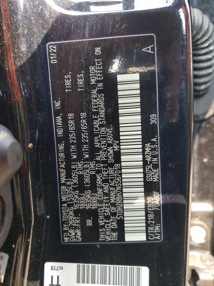 2022 TOYOTA HIGHLANDER XLE VIN:5TDHZRBH7NS567018