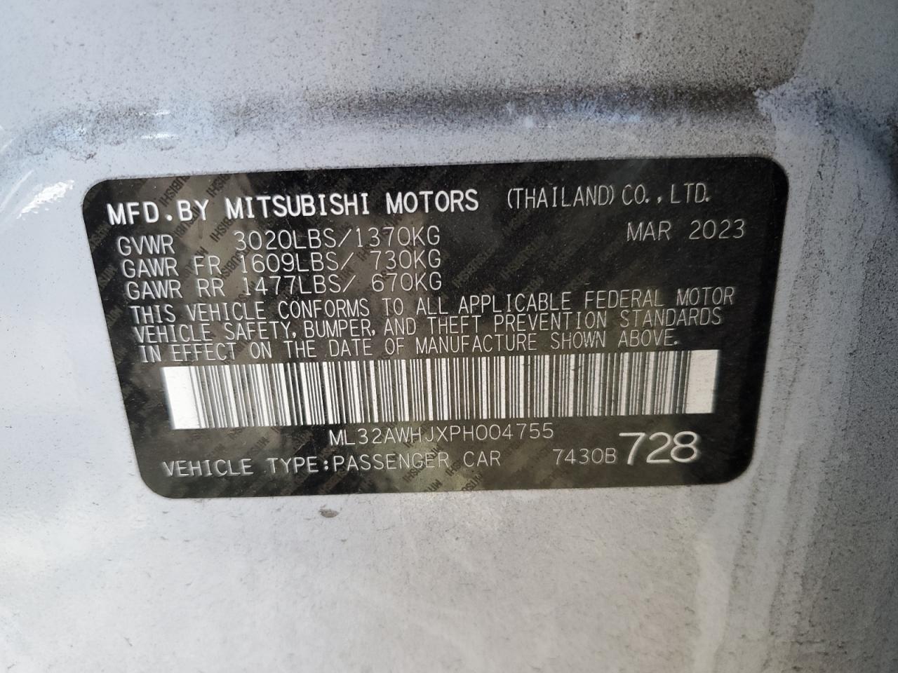 2023 MITSUBISHI MIRAGE SE VIN:ML32AWHJXPH004755