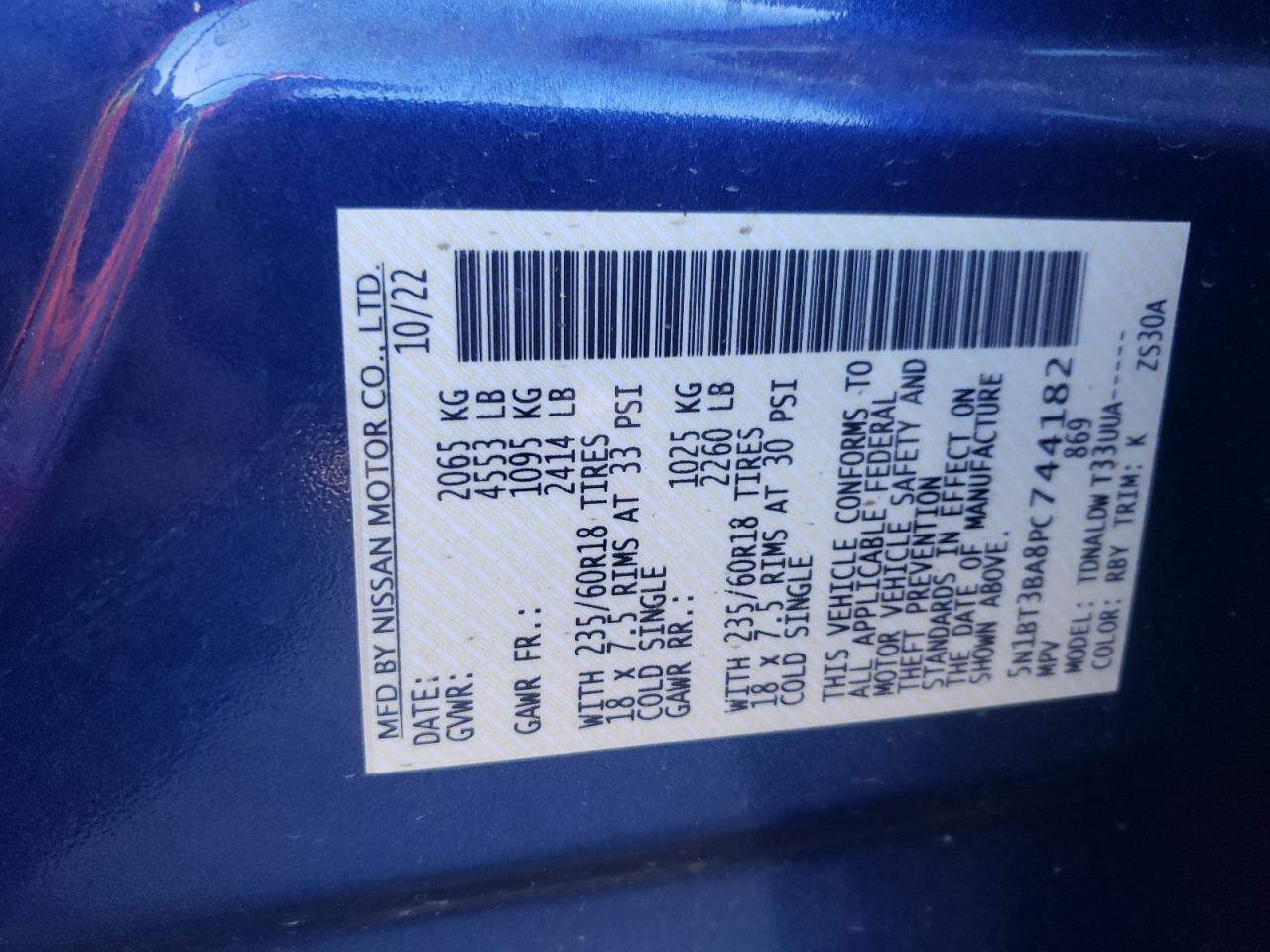 2023 NISSAN ROGUE SV VIN:5N1BT3BA8PC744182