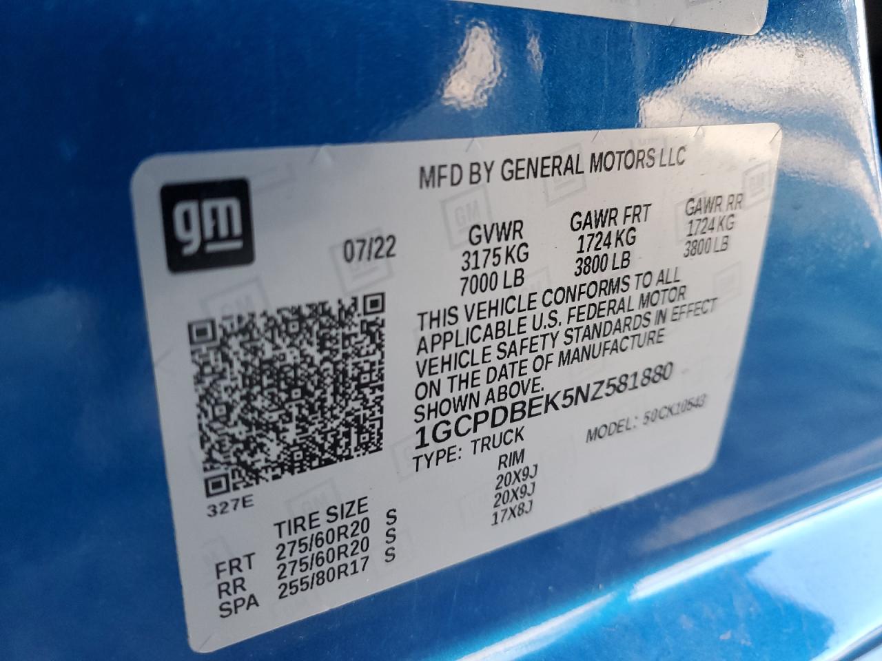 2022 CHEVROLET SILVERADO K1500 CUSTOM VIN:1GCPDBEK5NZ581880