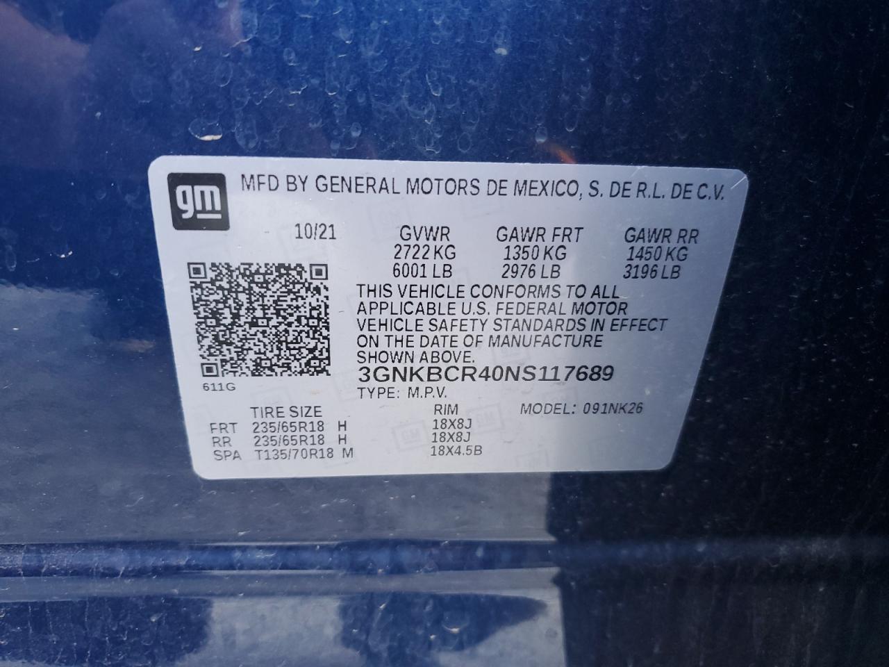 2022 CHEVROLET BLAZER 2LT VIN:3GNKBCR40NS117689