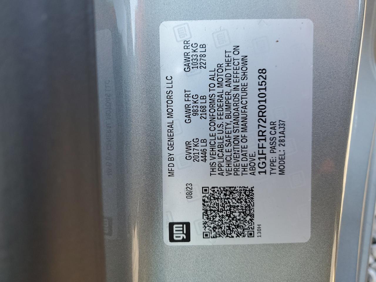 2024 CHEVROLET CAMARO LT1 VIN:1G1FF1R72R0101528