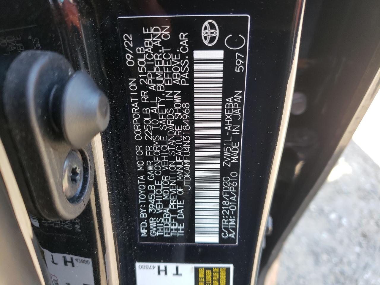 2022 TOYOTA PRIUS NIGHT SHADE VIN:JTDKAMFU4N3184968