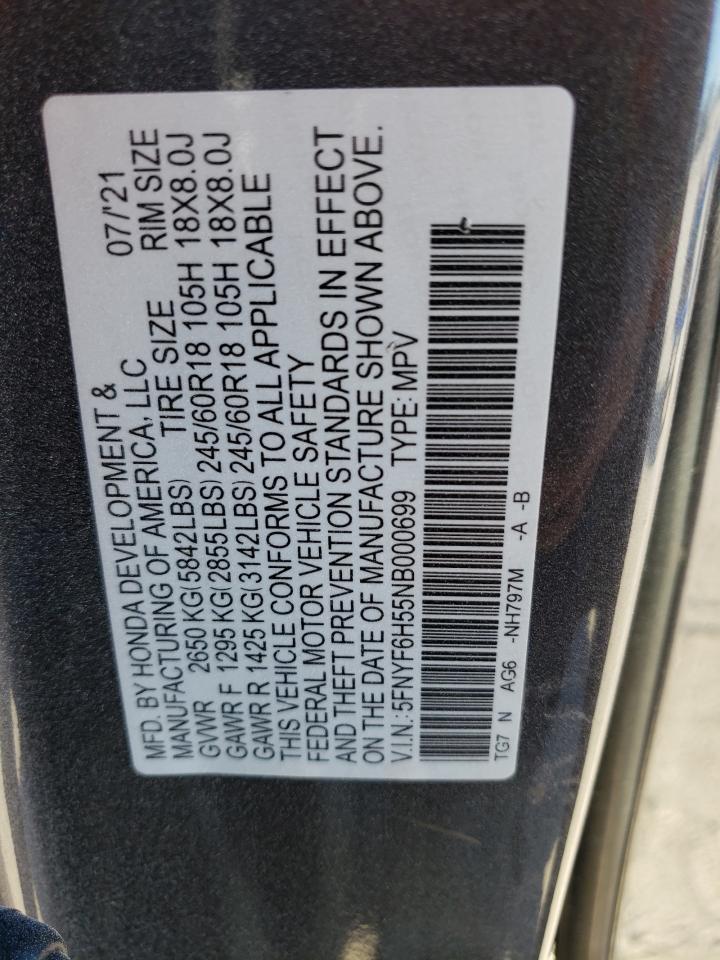 2022 HONDA PILOT EXL VIN:5FNYF6H55NB000699