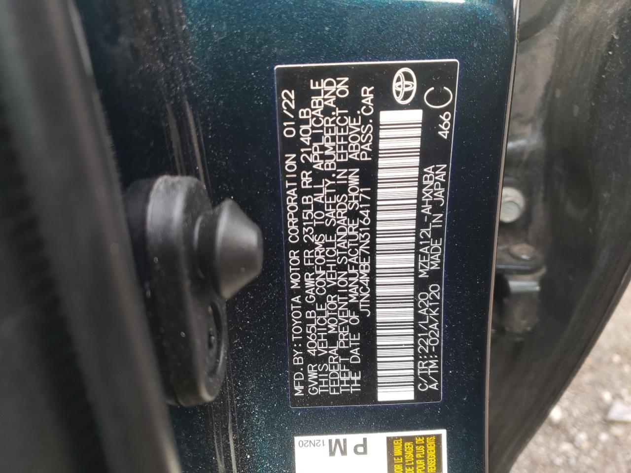 2022 TOYOTA COROLLA XSE VIN:JTNC4MBE7N3164171