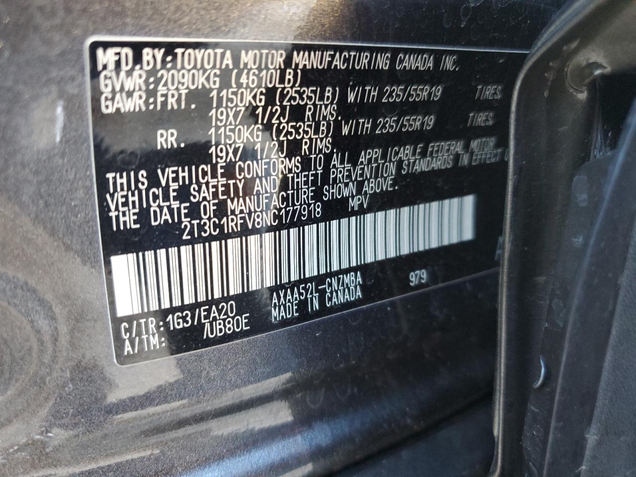 2022 TOYOTA RAV4 XLE PREMIUM VIN:2T3C1RFV8NC177918