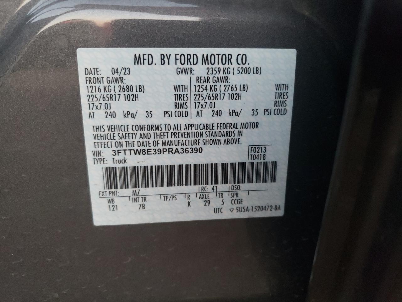 2023 FORD MAVERICK XL VIN:3FTTW8E39PRA36390