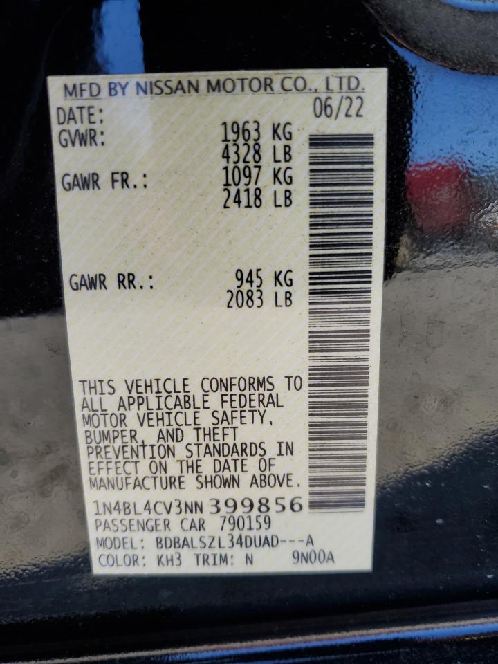 2022 NISSAN ALTIMA SR VIN:1N4BL4CV3NN399856