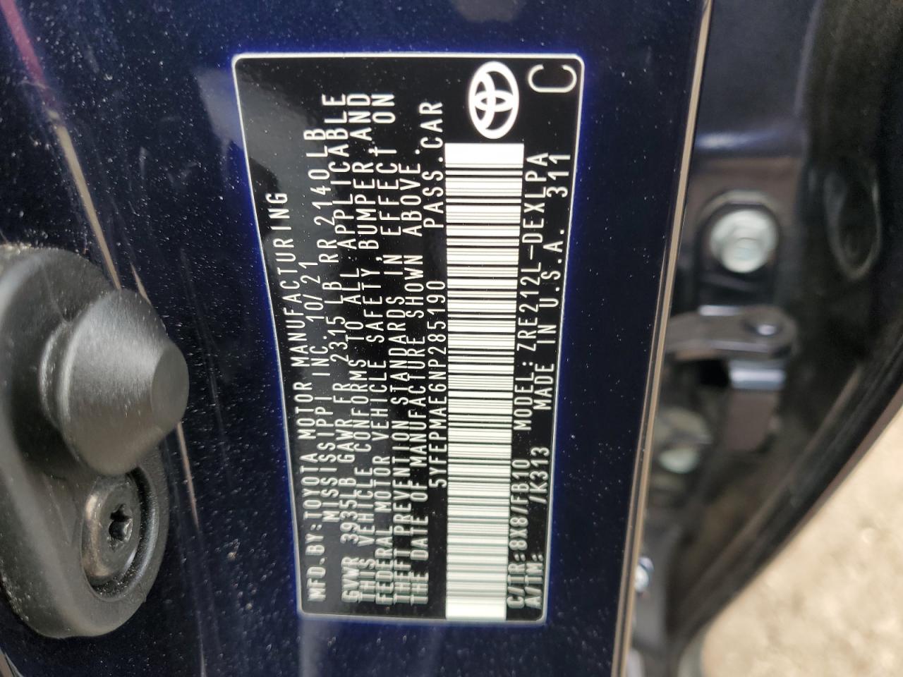 2022 TOYOTA COROLLA LE VIN:5YFEPMAE6NP285190