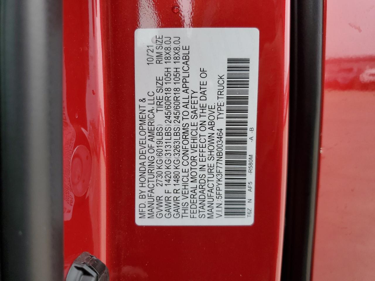 2022 HONDA RIDGELINE RTL VIN:5FPYK3F77NB003464