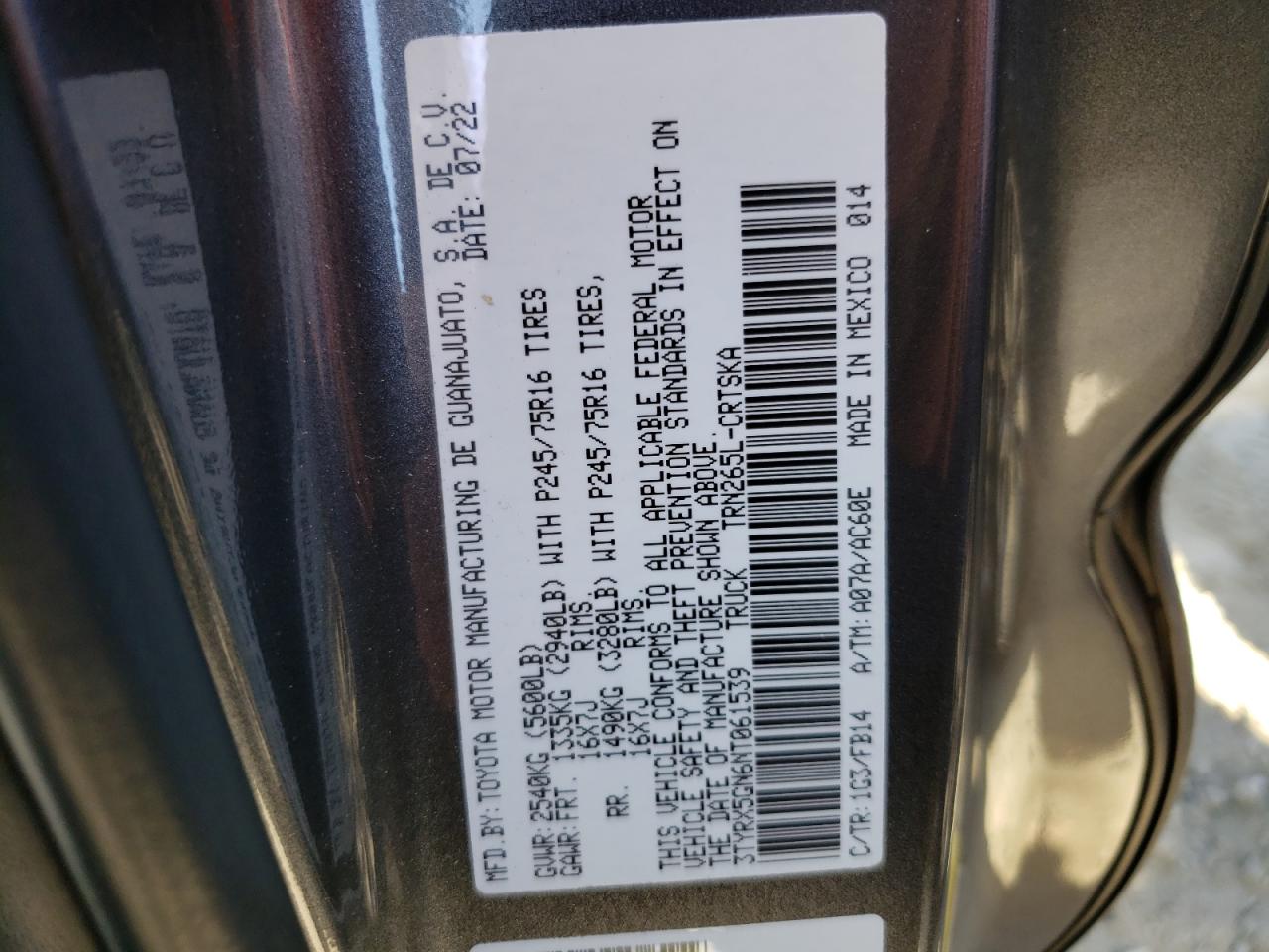 2022 TOYOTA TACOMA ACCESS CAB VIN:3TYRX5GN6NT061539