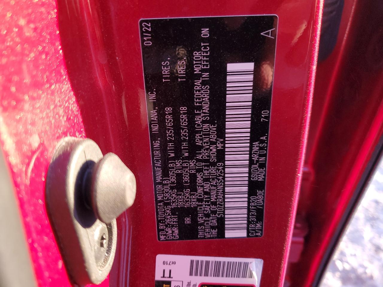 2022 TOYOTA HIGHLANDER L VIN:5TDZZRAH4NS542549