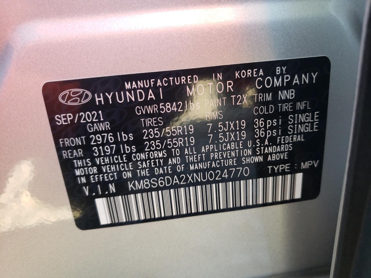 2022 HYUNDAI SANTA FE SEL VIN:KM8S6DA2XNU024770