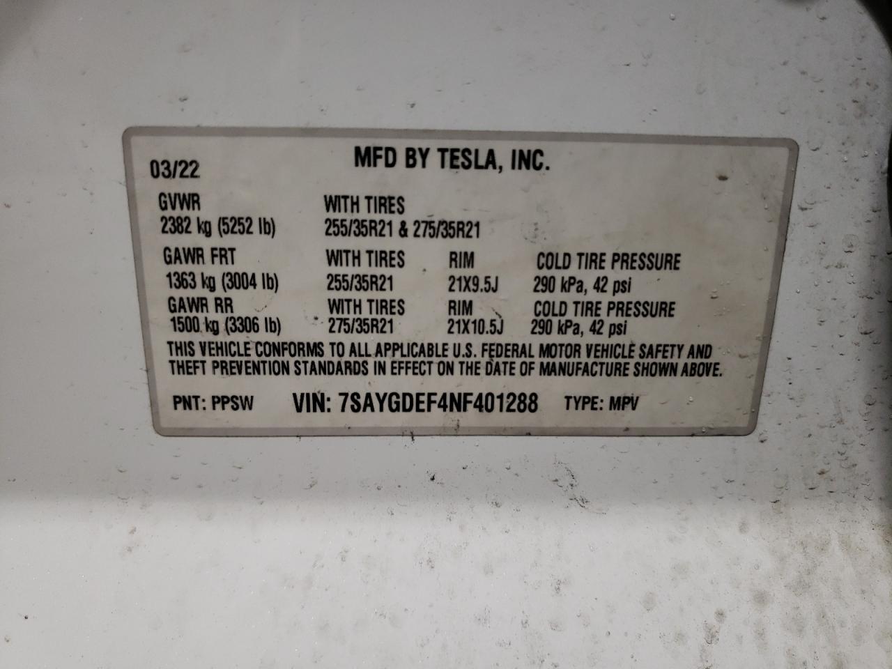 2022 TESLA MODEL Y  VIN:7SAYGDEF4NF401288