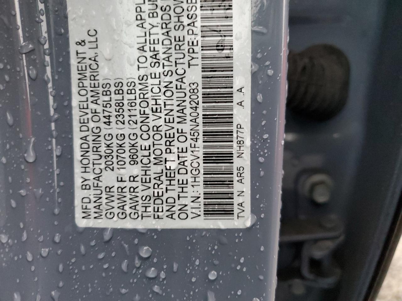 2022 HONDA ACCORD SPORT SE VIN:1HGCV1F45NA042083