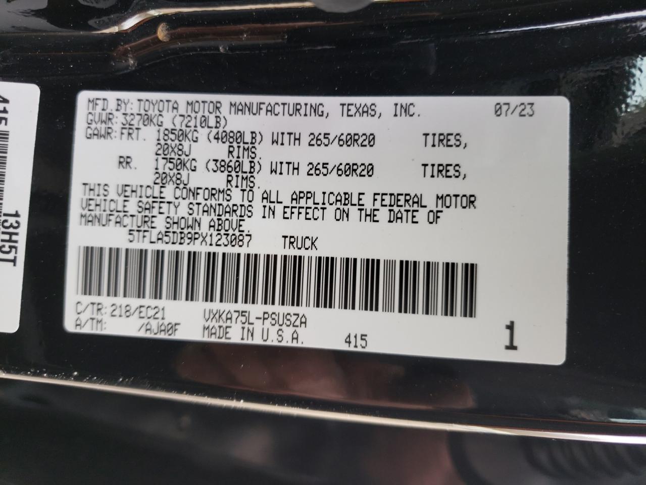 2023 TOYOTA TUNDRA CREWMAX SR VIN:5TFLA5DB9PX123087