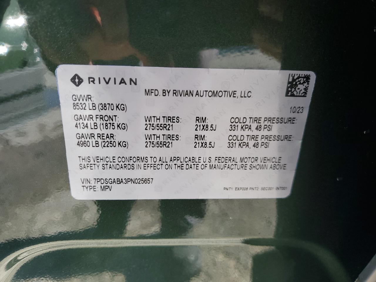 2023 RIVIAN R1S ADVENTURE VIN:7PDSGABA3PN025657