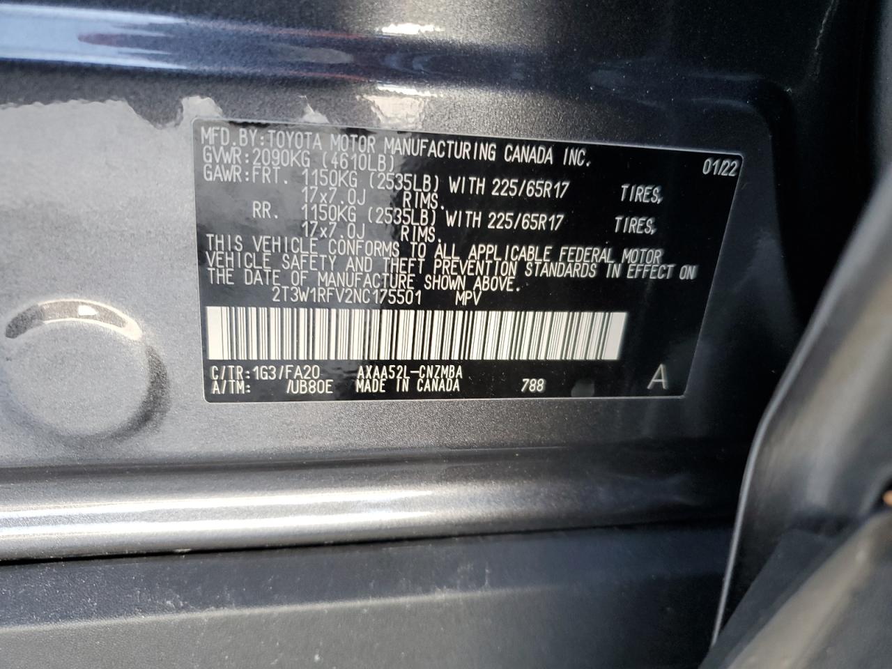 2022 TOYOTA RAV4 XLE VIN:2T3W1RFV2NC175501