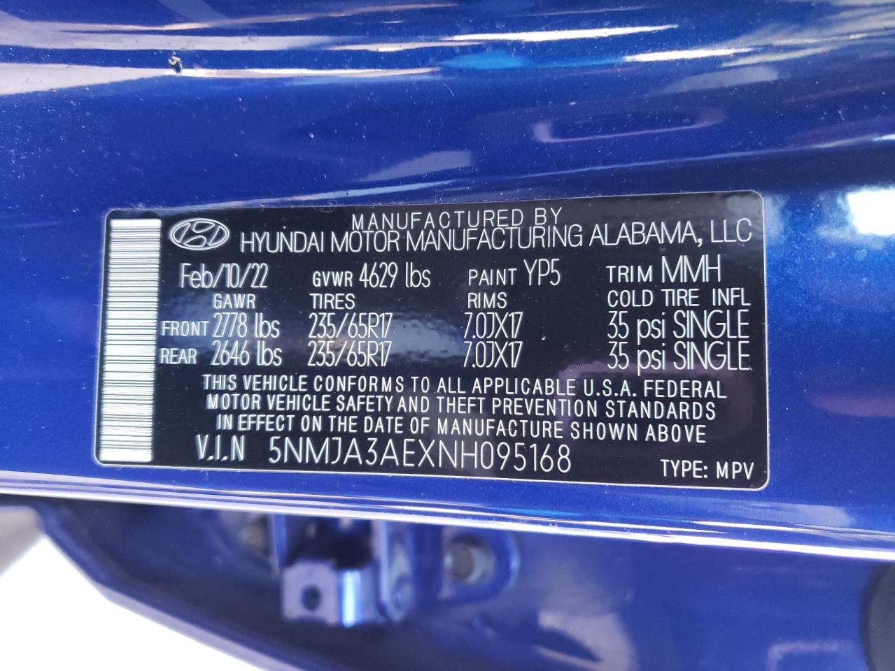 2022 HYUNDAI TUCSON SE VIN:5NMJA3AEXNH095168