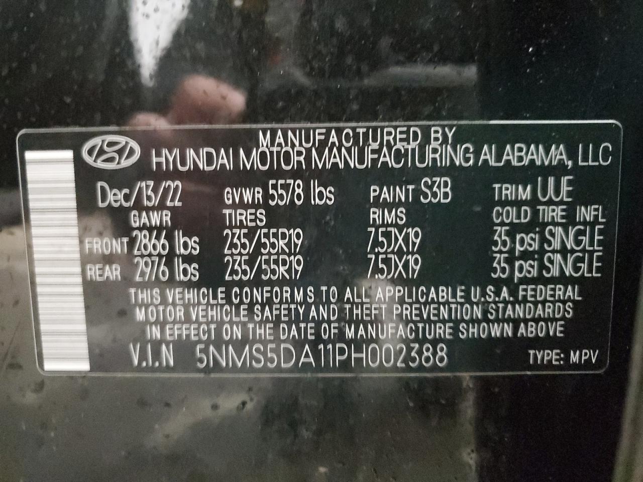 2023 HYUNDAI SANTA FE LIMITED VIN:5NMS5DA11PH002388